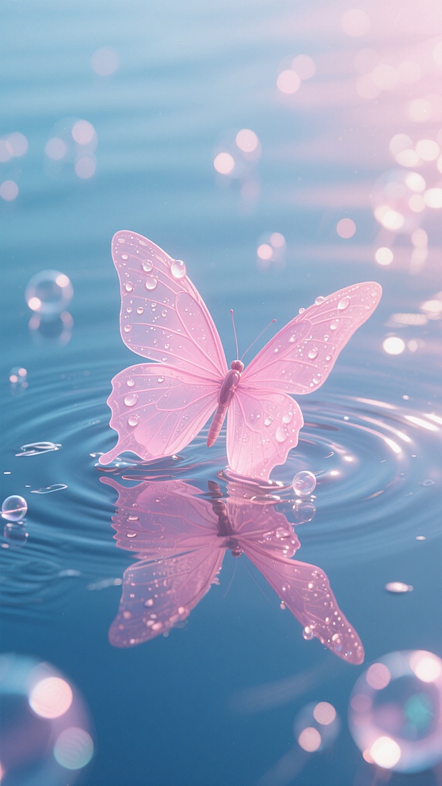 一只半透明的粉色蝴蝶停在水面上，翅膀上有晶莹的水珠，水面倒映着蝴蝶的影子，周围有许多透明的气泡和光斑，整体色调为粉蓝色，营造出梦幻、浪漫的氛围，3D渲染，超高清，细节丰富，光影效果柔和。