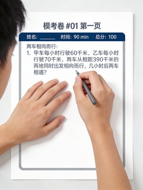 Mockup of first page of a printable primary school math mock exam paper titled " 模考卷 #01 第一页". Heade预览效果