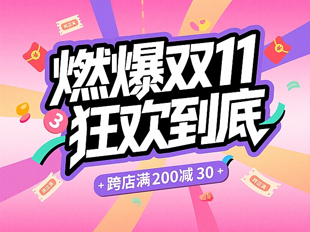 主标题“燃爆双 11 狂欢到底” ，搭配 “跨店满 200 减 30” 紫色副标题框，点缀优惠券、红包等促销小元素，背景为粉色渐变，促销氛围