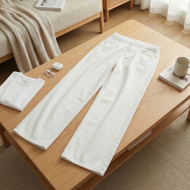 保持和参考图一致的白色牛仔裤、面料质感、浅原木色茶几居家场景、北向漫射自然光，牛仔裤随意自然摆放，保持风格一致，道具不遮挡主体，商业生活方式摄影，8K超高清，画面干净自然，1:1正方形构图预览效果