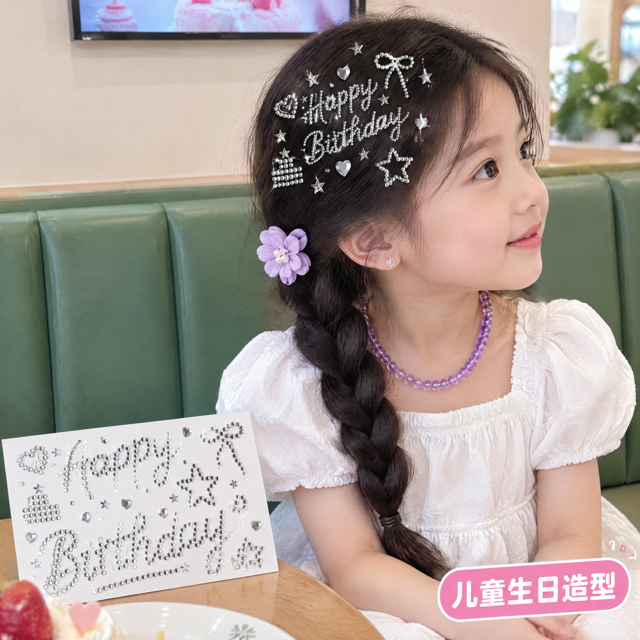 严格还原上传的银色Happy Birthday水钻钻贴产品图，… - 图片创意预览