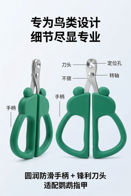 清新自然宠物护理风，严格还原上传产品图中鹦鹉鸟类专用指甲剪的整体造型、ABS手柄、不锈钢刀头、转轴所有细节，产品比例协调。指甲剪多角度展示，包含正面和侧面，置于浅白渐变背景，搭配简约线条标注各部位名称预览效果