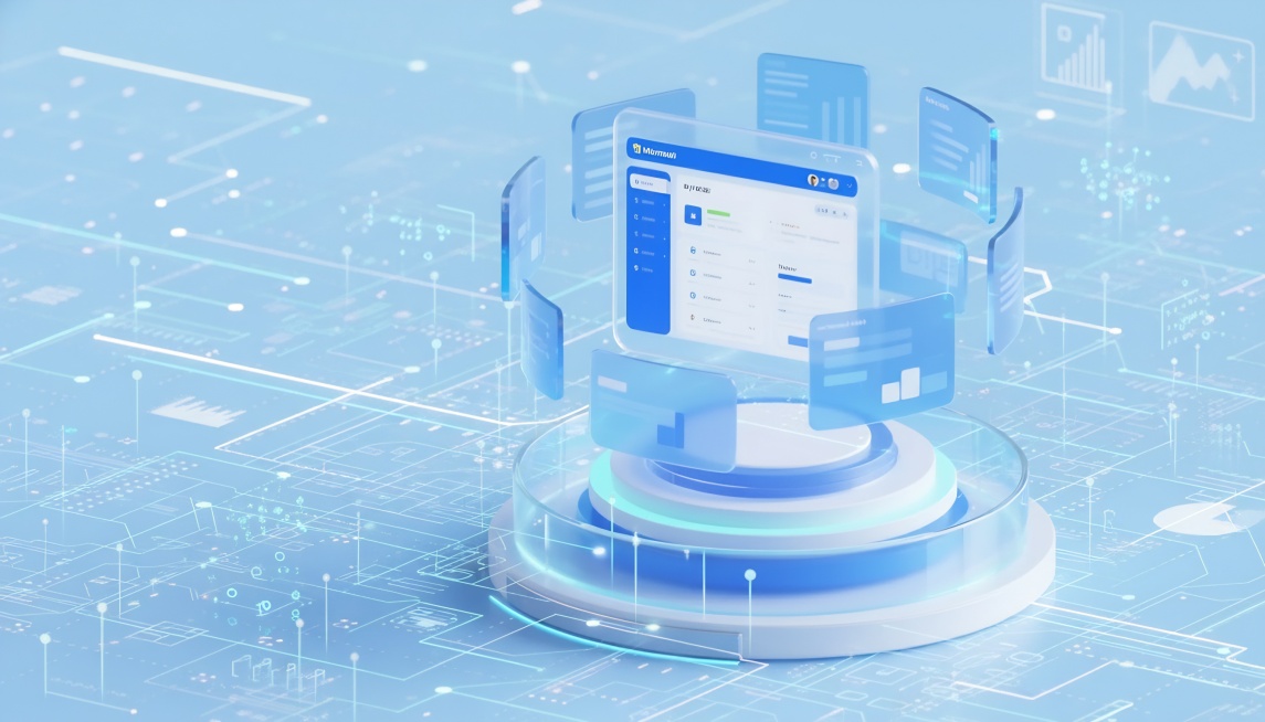 干净的浅蓝微软风背景，左侧主体为圆形的多层底座，一圈镭射光环，底座上方悬浮很多大数据界面，环状围绕在底座之上，其中一个中心位置的界面最大，UI设计，主色调以蓝白为主，通透的质感，OC渲染，未来科技感，预览效果