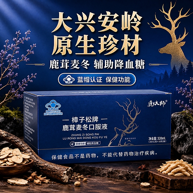 淘宝天猫电商主图，1:1正方形，参考图二的版式布局，采用图一的深蓝色配色风格。画面主体为樟子松牌鹿茸麦冬口服液产品盒（深蓝色外观，保留产品盒原有鹿图案和蓝帽标识），产品名称改为"樟子松牌鹿茸麦冬口服液"，保健功能改为"辅助降血糖"。背景为深蓝色渐变，搭配大兴安岭森林山脉剪影氛围，右上角有金色鹿头装饰剪影，左右两侧有紫色花枝植物装饰，底部有木质桌面和中药材（麦冬、黄芪等切片）、木碗、枯木等元素，光线从上方打下来有丁达尔效应，质感高端。画面上方大字标题"大兴安岭 原生珍材"金色字体，中间副标题"鹿茸麦冬 辅助降血糖"白色字体带左右横线装饰，下方有蓝色圆角标签写"蓝帽认证 保健功能"带蓝帽图标，产品盒底部有小字"保健食品不是药物，不能代替药物治疗疾病。"整体版式与图二完全一致，主色调改为深蓝色系，突出辅助降血糖卖点，符合保健品主图视觉。