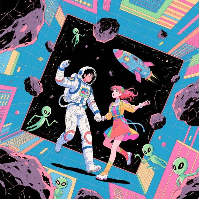 在一个四方颠倒的空间里，漂浮着陨石和太空船，外星人在周围穿梭，一男一女穿着宇航服，手牵手在跳尬舞，色彩缤纷，充满Citypop风格的复古未来感预览效果