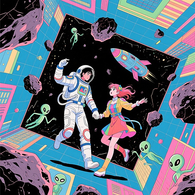 未来感与卡通结合，超现实主义风格，宇航员与少女在虚拟现实中探险，色彩鲜艳，充满动漫风。