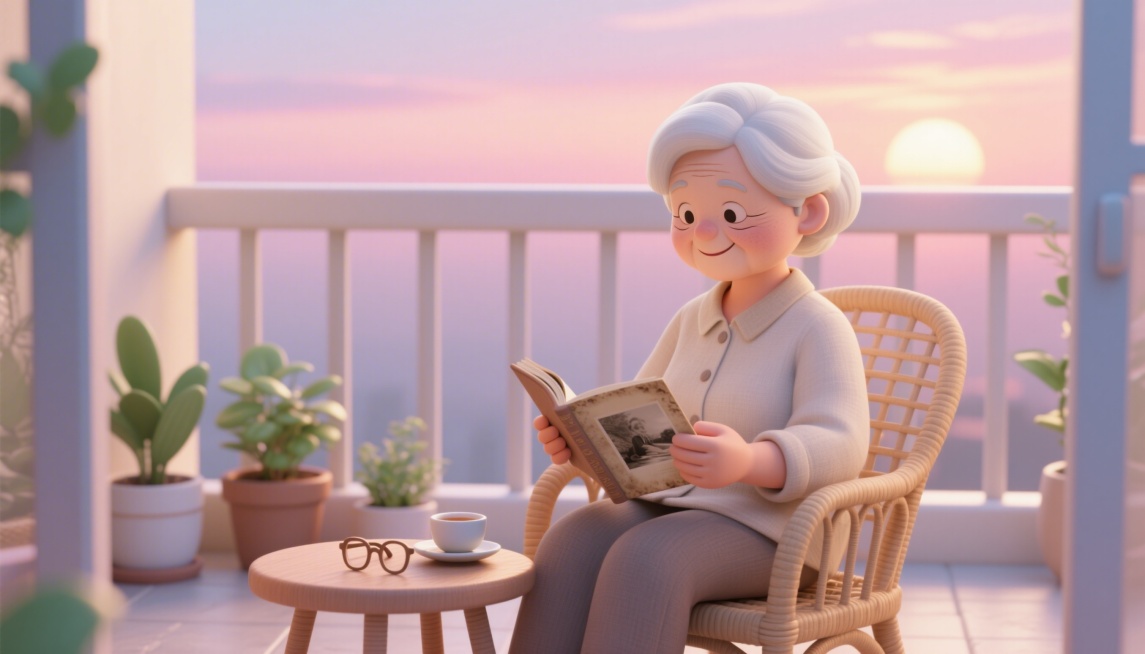 趣味3D插画风格，C4D渲染，OC渲染，Blender建模，柔软光线，马卡龙色系，光滑黏土材质，影棚打光，8k分辨率，黄昏时分阳台，一位中老年女性头发花白梳理整齐，穿着舒适棉麻衣服，坐在藤椅上手里拿着预览效果