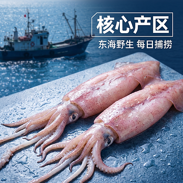 [主图 2] 新鲜鱿鱼产地溯源，展示深海渔场核心产区
[氛围风格] 真实自然深海氛围，突出产地高品质
[画质] 商业摄影质感、光线柔和通透、产品清晰真实、画面干净高级
[元素] 主视觉摆放2只完整新鲜大鱿鱼，背景虚化融入蓝色深海渔船远景，海面波光粼粼。鱿鱼表面保留水珠，新鲜质感真实。在画面右上方放置超大数字文字块 "东海
核心产区"，数字大文字小，清晰突出核心优势。商品主体占比约65%，画面层次分明。
[光影] 海面自然光漫反射，整体冷调明亮，鱿鱼主体受光清晰，水珠高光通透，背景虚化柔和
[配色] 主色深海蓝，辅色鱿鱼粉白，整体清新冷调
[视角构图]  slightly俯视角度，前景鱿鱼主体，背景海面虚化，景深自然
[文字版式] 右上数字标题：超大白色描边数字 "核心产区"，下方小字说明 "东海野生 每日捕捞"，文字对比清晰，不遮挡主体
[比例分辨率] 1:1 比例，2k分辨率，文字清晰锐利，画面超高清
[负向提示词] 变形，水印，文字错乱，产品图模糊，背景杂乱，污染，不新鲜