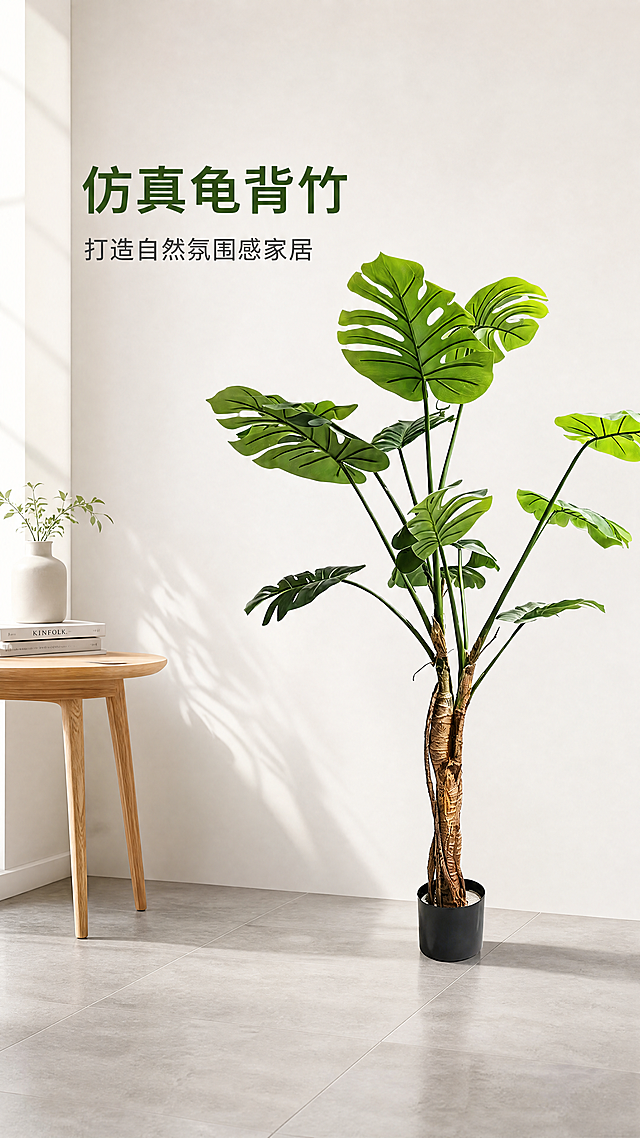 「图片1」，生成一套详情页，商品名称为仿真龟背竹，适配淘宝/天猫平台，单图比例为9:16，需求屏数为8张。
