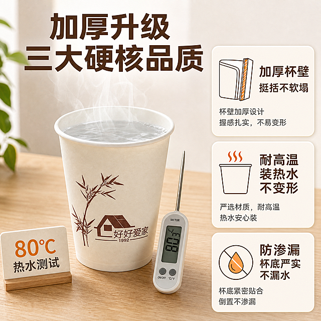 [主图-2] 主题：核心卖点证明——加厚杯身耐高温防渗漏，用直观测试场景证明品质。
[统一基调] 抖音风格，场景化高点击，明亮自然光，洁净生活感，清爽实用。背景主色为浅米白+浅木色，标题字色为深棕褐色，辅助字色为暖灰色，强调色为原木暖橙。字体为无衬线粗体，字号层级分明，卡片样式为圆角浅底轻阴影，整体通透干净。
[画面] 画面采用左右分栏构图。左侧约60%区域为产品测试场景：一只好好爱家纸杯放置在浅木色桌面上，杯中倒入约八分满的透明热水，杯口升腾起淡淡的白色热气，杯身保持挺直无变形，杯底与桌面接触处干燥无水渍，证明防渗漏。杯子右前方放置一支温度计（显示约80℃），旁边有“热水测试”小标牌。右侧约40%区域为三个竖向排列的卖点卡片，每张卡片为圆角浅米色底，配有深褐色图标和文字：第一张“加厚杯壁 挺括不软塌”配杯壁截面加厚图标；第二张“耐高温 装热水不变形”配热气图标；第三张“防渗漏 杯底严实不漏水”配水滴图标。画面顶部有大标题“加厚升级 三大硬核品质”，字体粗大醒目。杯身图案与Logo保持原样（竹子+好好爱家1992）。
[光影质感] 商业摄影质感，主光从左上方射入，杯身有自然高光，热水表面有反光，热气柔和自然，桌面有清晰接触阴影，整体光线明亮干净。
[配色] 背景浅米白，桌面浅木色，杯身米黄色，文字深棕褐色，强调色暖橙色用于标题和图标点缀，热水透明带微蓝色调，热气白色半透明。
[文字版式] 顶部大标题“加厚升级 三大硬核品质”深褐色粗体，字号最大；右侧三张卖点卡片标题为深褐色粗体，说明文字为暖灰色小号字；左侧场景中有“80℃热水测试”小标签。所有文字横排，无衬线字体，清晰可读。
[输出要求] 比例1:1，2048x2048，文字清晰，产品清晰，杯身图案准确，测试场景真实自然。负向：杯身变形漏水、文字错字、背景杂乱、水印、平台Logo、悬浮、穿模、夸张特效、虚假数据。