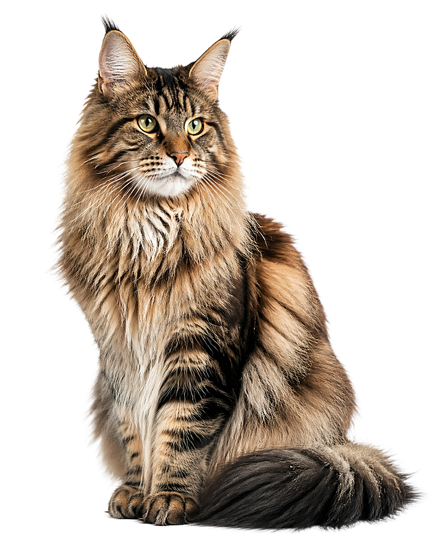 参考这只缅因猫的风格，重新生成一张高质量的长毛虎斑缅因猫图片，保留真实毛发质感和通透光影效果，白底背景