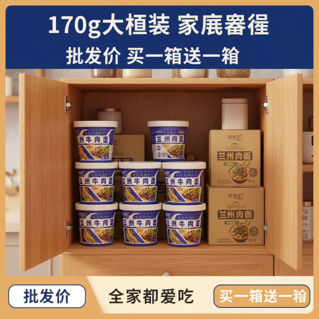 生成10张不同场景的桶装泡面电商主图，比例1:1，170g大桶装 大份量 批发价 买一箱送一箱预览效果