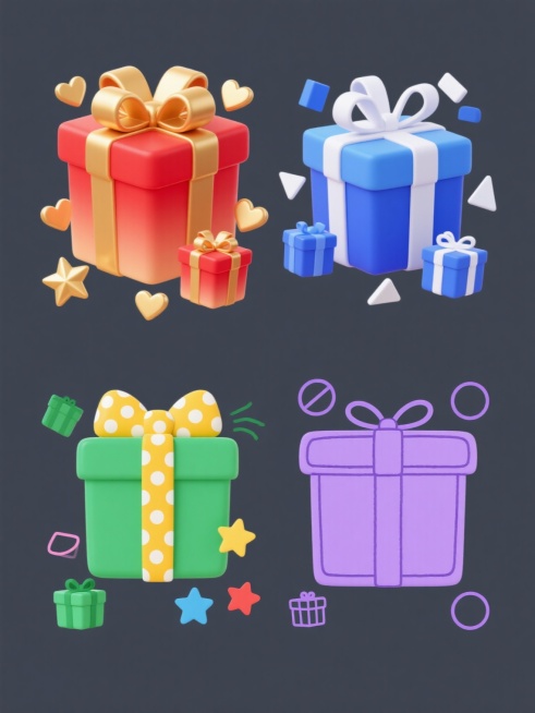 四个系列风格的礼盒元素集合，每个礼盒造型各异且色彩完全不同，均保持礼盒核心元素内容，规整排布在纯色背景上：第一个为3D立体渐变风格，大红色礼盒带金色蝴蝶结，从小号红色礼盒和金色星星、心形装饰中绽放；第二个为扁平化设计风格，蓝色礼盒配白色蝴蝶结，周围环绕着蓝色小礼盒和白色几何形状；第三个为手绘卡通风格，绿色礼盒系着黄色波点蝴蝶结，伴有绿色小礼盒和彩色五角星；第四个为极简线条风格，紫色礼盒搭配紫色……预览效果
