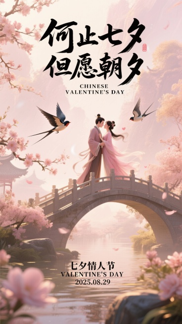 中国风七夕主题，粉金水墨背景、比翼鸟、花枝，浪漫、古典且温馨的氛围。 隐约看到鹊桥，跟情人对拥。画面有空间层次，书法字体   
海报顶部文字 ：何止七夕 但愿朝夕 CHINESE VALENTINE'预览效果