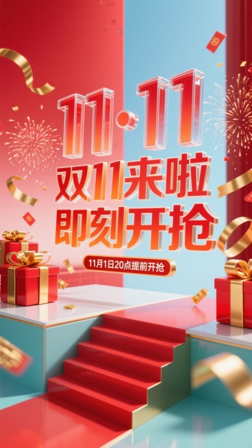 红色和金色色调组合，金色和红点缀，透明反光玻璃质感，透明感，UI设计风格，光线追踪，干净台面背景 树立着“11·11” ，主标题：“双11来啦 即刻开抢”上下两层排列，字体无衬线艺术体，干脆利落。上层预览效果