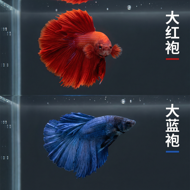 [主图 4] 双拼展示，两条鱼不同姿态展示
[氛围/风格] 自然水族氛围，干净通透，真实自然。
[画面元素] 上下分屏拼图，上半部分展示大红袍斗鱼正面姿态，下半部分展示大蓝袍斗鱼侧面姿态，保持原有外观预览效果