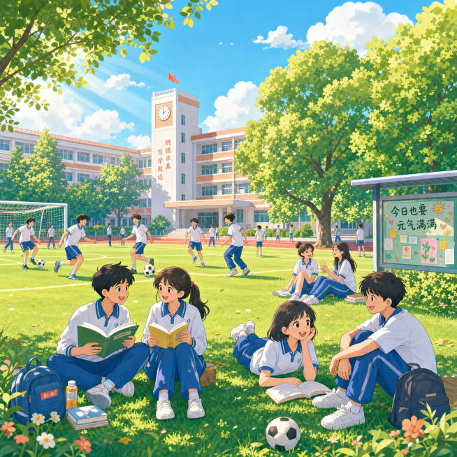 校园主题插画，阳光洒满操场，穿着校服的学生们在草地上看书、聊天、踢足球，远处是教学楼和老梧桐，青春活力，清新治愈，卡通风格，线条圆润，色彩明亮预览效果