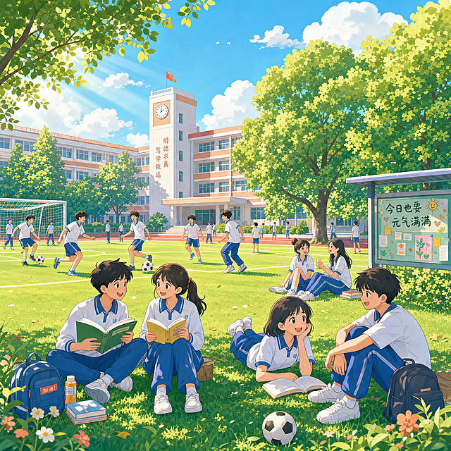 校园主题插画，阳光洒满操场，穿着校服的学生们在草地上看书、聊天、踢足球，远处是教学楼和老梧桐，青春活力，清新治愈，卡通风格，线条圆润，色彩明亮
