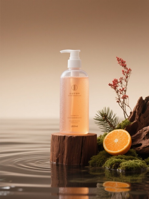 一张洗发水产品图，瓶子是高级磨砂透明质感（800ml容量），里面是淡橘色的液体，产品置于棕色木桩展台上，置于平静的水面上，右边有木料，有青苔，有雪松，有半个橙子，旁边点缀干枯的红色植物，背景是渐变的米。一键换背景，电商商品图预览效果