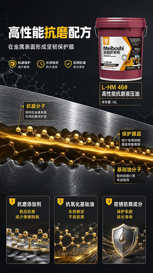 [商品] 使用【图1】美博士Meiboshi装载机专用L-HM 46#高性能抗磨液压油18L桶装；保留紫红色桶身、银色提手、白色标签、黄色盾牌Logo、品名文字、净含量18L标识；桶身结构、比例、颜色、材质完全保真。
[画面] 页面目标：结构/成分解析，展示抗磨液压油的高性能配方原理。构图：右上方放置产品桶（占画面约25%）；左侧和中部为液压油分子机理示意图——展示金属摩擦副表面、液压油形成的保护膜层、抗磨分子吸附在金属表面的微观示意；用黄色高亮标注保护层、抗磨分子、基础油分子；背景为深灰黑色，带科技感网格和分子结构线条。
[视觉] 套系策略：风格=工业硬核风+科技机理感，深灰黑主调+黄色点缀；标题字=粗黑无衬线工业字体；正文字=简洁无衬线黑体；主色=深炭灰/黑色；背景延展=深灰到黑渐变，叠加科技网格、分子线条、金属剖面纹理；强调色=工程黄（#FFB000系），仅用于保护层高亮、分子图标、引线、关键词；标题色=白色+黄色高亮；正文色=浅灰色；组件=黄色引线标注、机理示意图、硬朗信息卡；光影=科技感冷硬光，突出金属剖面质感。
[文字] 顶部主标题：「高性能抗磨配方」，副标题：「在金属表面形成坚韧保护膜」；配3个标注点：1.抗磨添加剂——极压抗磨 减少摩擦损耗；2.抗氧化基础油——长效稳定 不易变质；3.防锈防腐成分——保护系统 延长寿命；右侧产品桶旁标注：「L-HM 46# 高性能抗磨液压油」；文字全部横排，标注引线清晰。
[规格] 图片比例9:16竖版，4K分辨率，负向提示：避免桶身变形、标签文字错乱、颜色偏差、卡通风格、人物、极限词、二维码、水印。