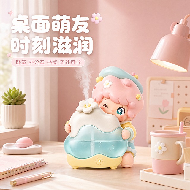 [主图-4] 使用场景 桌面陪伴 卧室办公桌场景展示图
[统一基调] 马卡龙甜系潮玩风格 整体干净清爽 产品突出 背景以柔和渐变粉色和淡蓝色为主 搭配奶油白与淡黄色点缀 标题字用圆润粗体白色字 辅助字用浅粉色或淡蓝色 字体为圆润可爱无衬线体 字号层级分明 装饰元素为小花朵 云朵 星星 糖粒等甜品风小元素 整体参考泡泡玛特潮玩海报的干净质感
[画面] 产品放置在温馨的少女风桌面场景中 位于画面视觉中心 占画面约40% 桌面为浅木色或奶白色 旁边搭配有马卡龙色的笔记本 小盆栽 水杯 台灯等桌面小物 背景是柔和的粉色墙面或窗帘 加湿器正在喷出细腻水雾 营造出温馨治愈的桌面陪伴氛围 整体场景干净整洁 产品是绝对主角 周围物品只作衬托不抢镜
[光影质感] 自然光感 柔和的窗边漫射光 产品自然融入场景 有真实的桌面接触阴影 水雾在光线中清晰可见 整体温暖治愈 质感真实
[配色] 主色奶油白 浅木色 马卡龙粉蓝点缀 产品颜色与原图一致 场景配色柔和不抢眼 突出产品主体
[文字版式] 画面左上角大标题圆润粗体白色字 写 桌面萌友 时刻滋润 下方小字辅助文案 写 卧室 办公室 书桌 随处可放 文字放在左上角负空间 不遮挡产品 字号层级清晰
[输出要求] 比例1:1 2048*2048 4K超清 产品清晰突出 场景自然真实 文字清晰无错字 画面干净温馨 无水印 无平台Logo 禁止场景杂乱抢主体 禁止产品悬浮