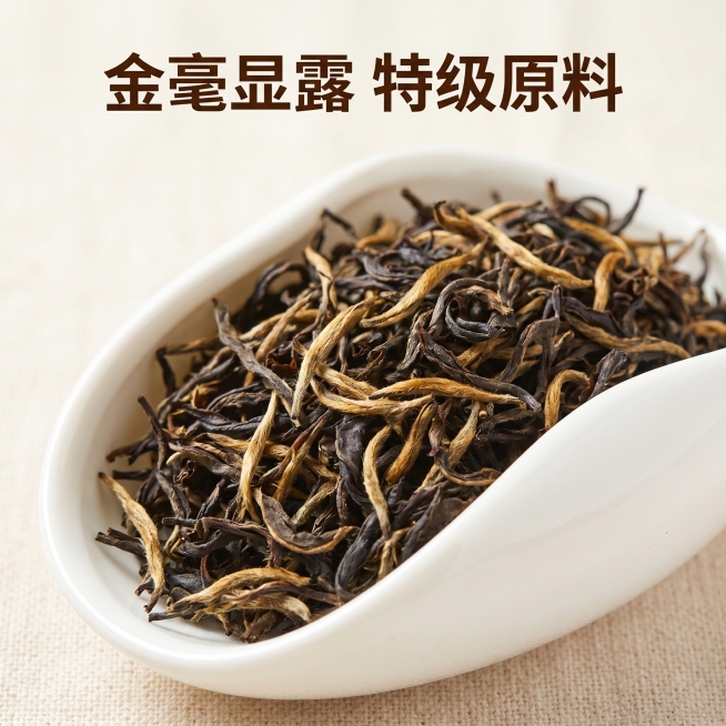 [主图 3] 金毫红干茶细节特写图；
[氛围风格] 微距特写，突出品质，真实诱人；
[画质] 商业摄影质感、光线柔和通透、产品清晰真实、画面干净高级，京东平台风格简洁稳重，文字占比小于30%；
[元素预览效果