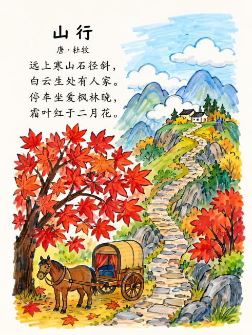 马克笔手绘风格古诗《山行》诗配画，竖版A4尺寸，画面描绘秋日山林景色，蜿蜒石径通往远山白云处，山上隐约有人家，马车停在火红枫林中，经霜的枫叶比二月春花还红，保留完整诗文文字：标题"山行"，作者"唐·杜预览效果