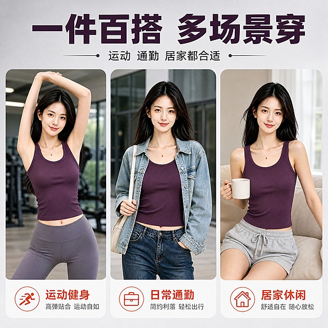 [主图-5] 深紫色高弹螺纹美背吊带背心 多场景穿搭展示图。
[统一基调] 拼多多电商风 大字醒目 活力运动 清爽干净 背景浅灰渐变 标题深紫色粗黑体 辅助字深灰 强调色亮橙红 圆角轻卡片 细线图标。
[画面] 画面采用三宫格布局 展示同一位年轻亚洲女模特身穿深紫色高弹螺纹工字背吊带背心在三个不同场景的穿搭效果 左格 运动健身场景 搭配瑜伽裤 做轻运动动作 中格 日常通勤场景 搭配牛仔外套和牛仔裤 都市感 右格 居家休闲场景 搭配家居短裤 轻松自然 三个场景光线统一 模特为同一人。
[光影质感] 商业摄影质感 每个场景都有自然柔和的光线 面料螺纹纹理清晰 模特姿态自然 场景真实不突兀。
[配色] 整体色调统一 深紫色背心贯穿三格 背景各场景有区分但色调和谐 标题深紫色。
[文字版式] 画面顶部大粗黑体标题"一件百搭 多场景穿" 标题下方小字副标题"运动 通勤 居家都合适" 三宫格每格下方分别标注"运动健身""日常通勤""居家休闲" 小字标注 不遮挡主体。
[输出要求] 1:1正方形 2048x2048 文字清晰可读 三格布局均衡 模特为同一人 禁止变形 错字 模糊 杂乱 水印 平台Logo。
