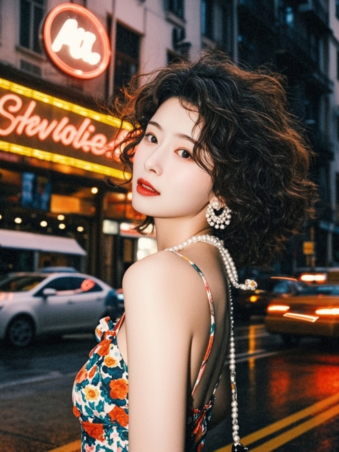 卷发美女，红唇配珍珠耳环，穿碎花吊带裙，站在霓虹灯牌下，背景是湿漉漉的街道，胶片颗粒质感，港风复古风格预览效果