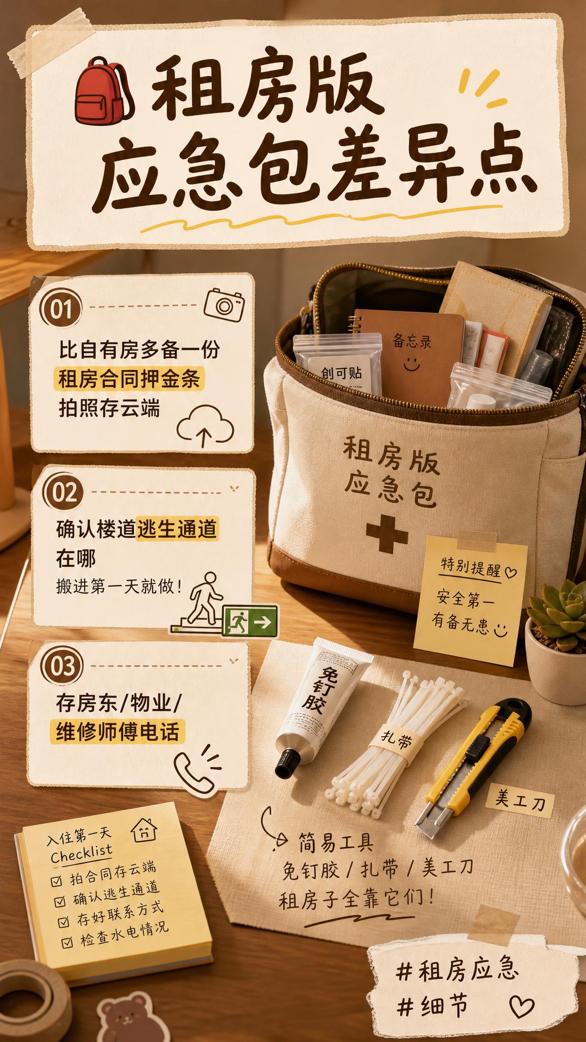 小红书风格信息卡，租房版应急包主题，9:16竖版，温暖棕色调，… - 图片创意预览