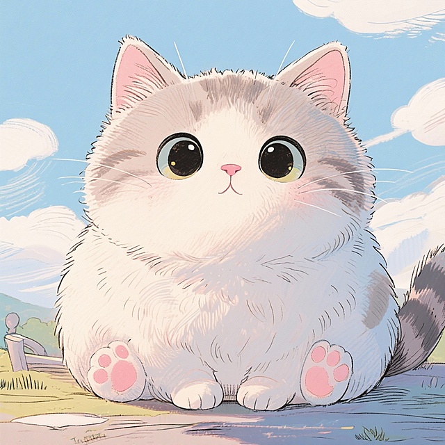 可爱感十足的卡通猫咪，水彩风插画，毛发生长细腻，梦幻清新，柔和舒适，动漫风格，背景蓝天白云，充满春日气息。