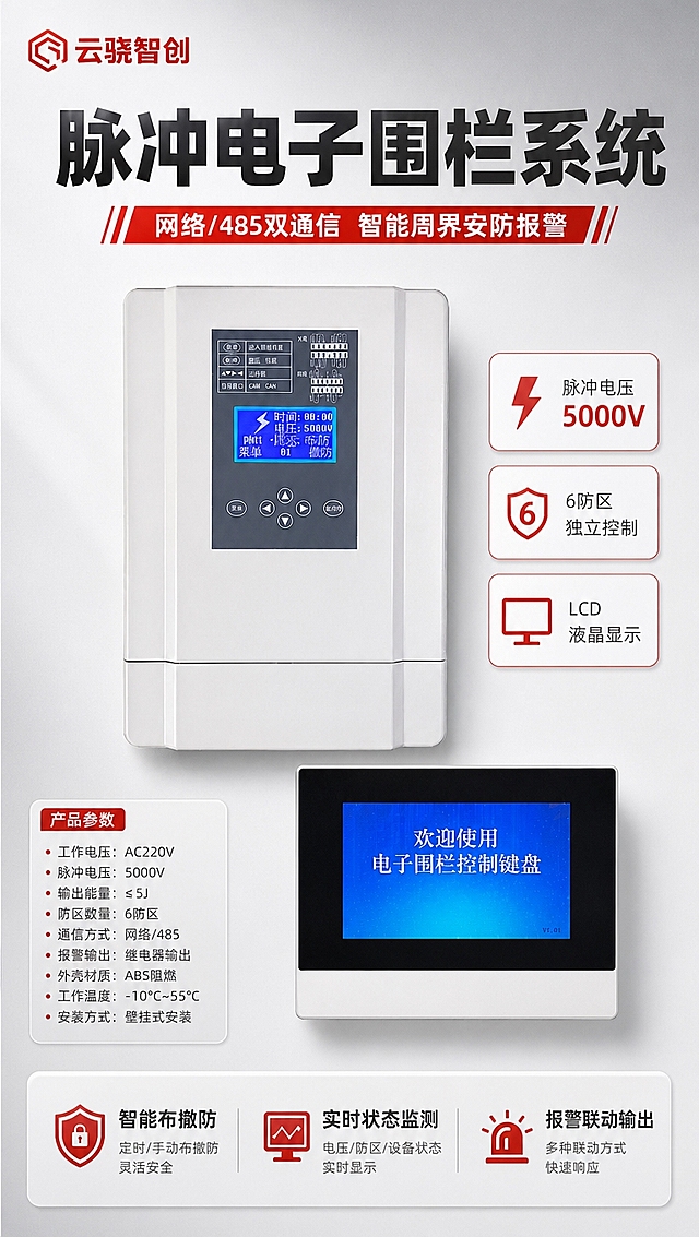 [商品] 使用【图1】脉冲电子围栏主机和控制键盘套装；保留主机白色外壳、黑色操作面板、蓝色LCD显示屏、按键布局、中文显示文字；保留控制键盘黑白配色、蓝色欢迎界面、屏幕文字；两款设备外观结构、比例、颜色、材质严格不变，不扭曲变形。左上角放置【图2】云骁智创红色LOGO。
[画面] 专业头图，目标展示产品全貌并凸显产品名称。上下构图，上方约30%为标题区，下方约70%为产品展示区。脉冲电子围栏主机居中偏上，控制键盘在主机下方偏右，两款设备呈错落摆放，产品占画面约55%。设备两侧及下方用参数信息框和卖点文字填充空白区域，不留空白。柔和棚拍光背景，浅灰渐变，干净高级。
[视觉] 套系策略：风格=报警行业专业商业摄影，克制高级；标题字=粗黑体，厚重有力；正文字=简洁无衬线体；主色=白色+浅灰色；背景延展=浅灰渐变棚拍背景，柔和均匀；强调色=警示红，仅用于小面积标题底纹、图标、引线和重点标注；标题色=深炭灰；正文色=中灰；组件=细线信息框、圆角参数卡、红色引线标注；光影=正前方柔和棚拍光，产品立体感强，阴影自然。
[文字] 左上角云骁智创LOGO。顶部大主标题"脉冲电子围栏系统"，副标题"网络/485双通信 智能周界安防报警"，主标题文字最大最醒目。主机右侧竖排3个参数框：脉冲电压5000V、6防区独立控制、LCD液晶显示。键盘下方3个卖点：智能布撤防、实时状态监测、报警联动输出。所有文字横排，中文，手机端清晰可读。
[规格] 图片比例9:16竖版，4K分辨率，避免变形、错字、文字过小、深色背景、彩色花哨、产品外观改变、空白区域过多。