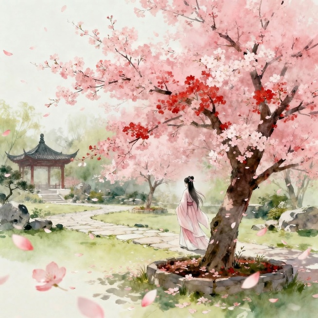 将图中的古代男子替换为娉婷袅娜的古代女子，其余场景完全保留：春日中式园林，小园内红樱树开满粉嫩樱花，花瓣飘落，人物闲适绕花漫步，氛围恬淡悠然预览效果