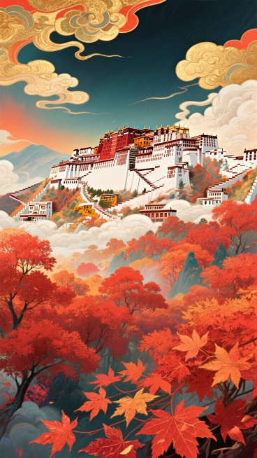 暖金橙红渐变背景，红色枫叶林，远处有布达拉宫预览效果
