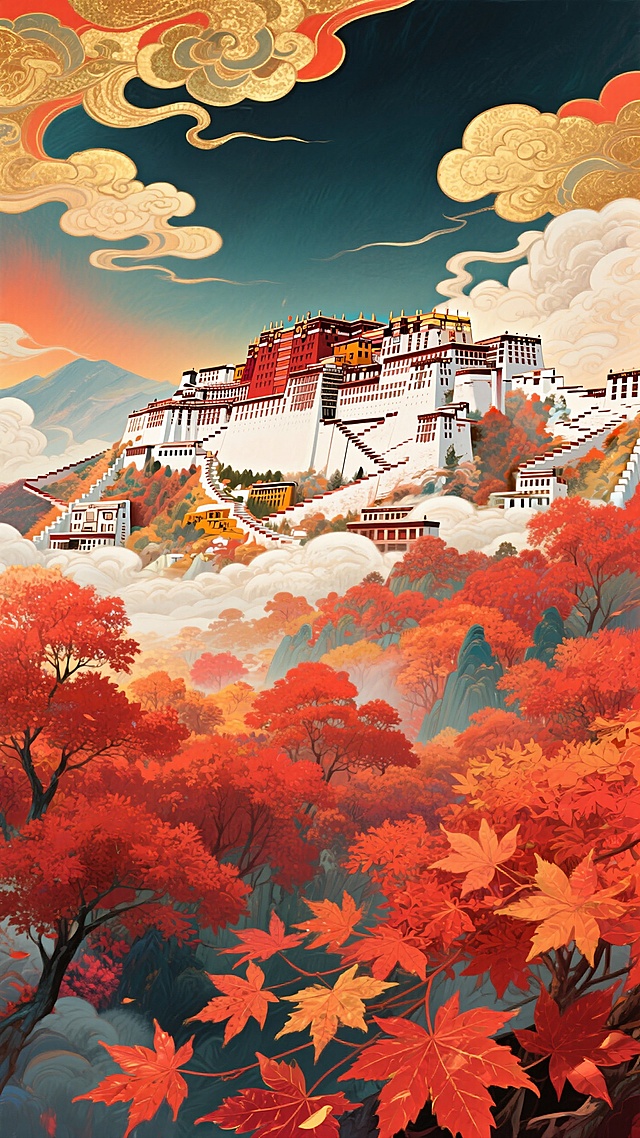 古典中式插画风，国潮元素融入，秋景映衬神圣宫殿，唯美感十足。