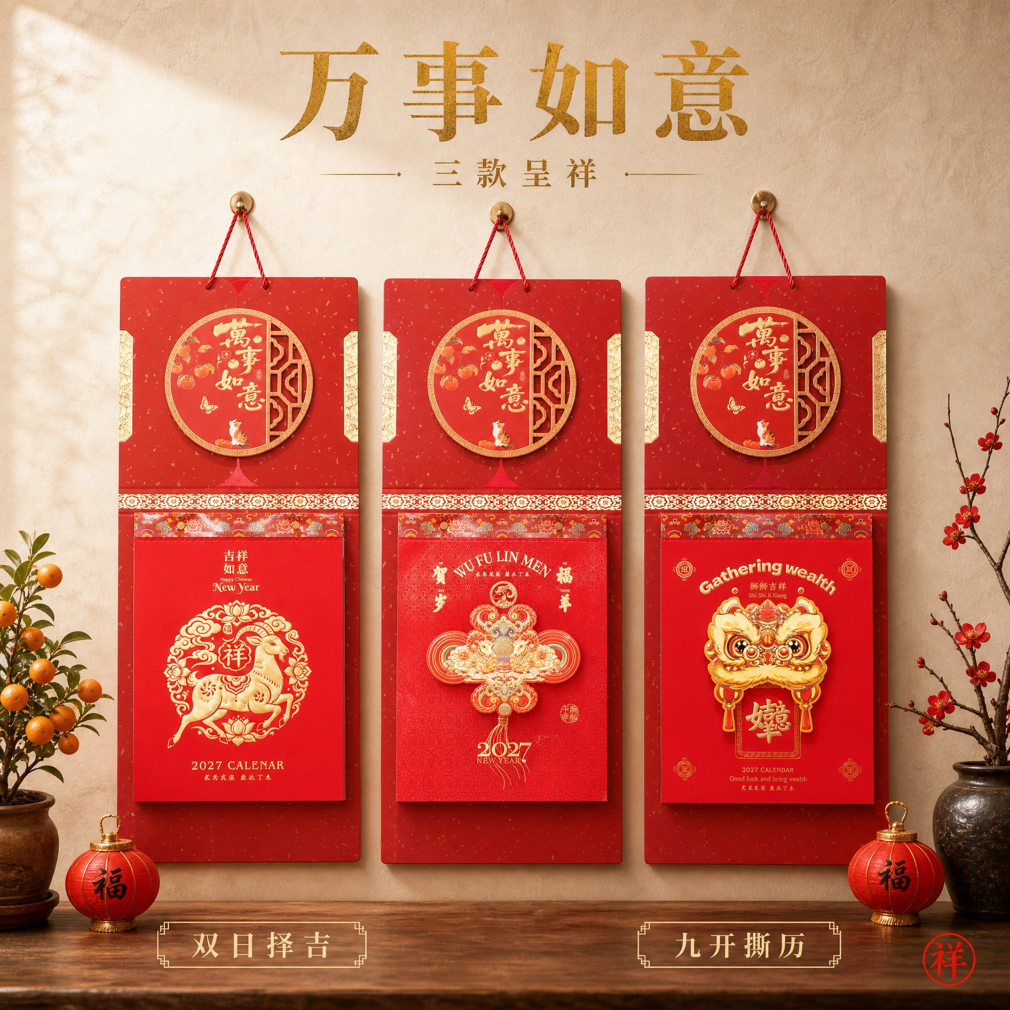 [单张主图] 万事如意竖式九开双日历择吉撕历A款三款组合 高级… - 图片创意预览