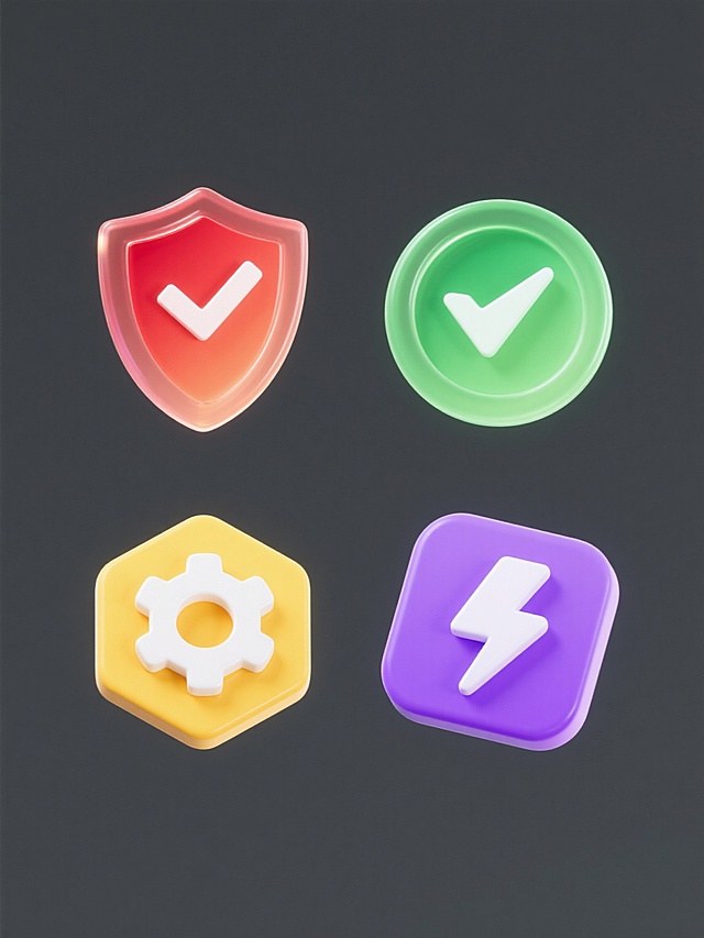 四个同系列规整排布的3D图标集合，每个图标均采用半透明渐变材质、光滑表面、立体圆润造型、清晰边缘高光和内部发光效果，保持与原图一致的现代科技感设计风格。第一个图标为红色系盾牌配白色对勾，第二个为绿色系圆形配白色箭头，第三个为黄色系六边形配白色齿轮，第四个为紫色系方形配白色闪电，所有图标均置于纯色背景上，整体呈2x2网格整齐排列。