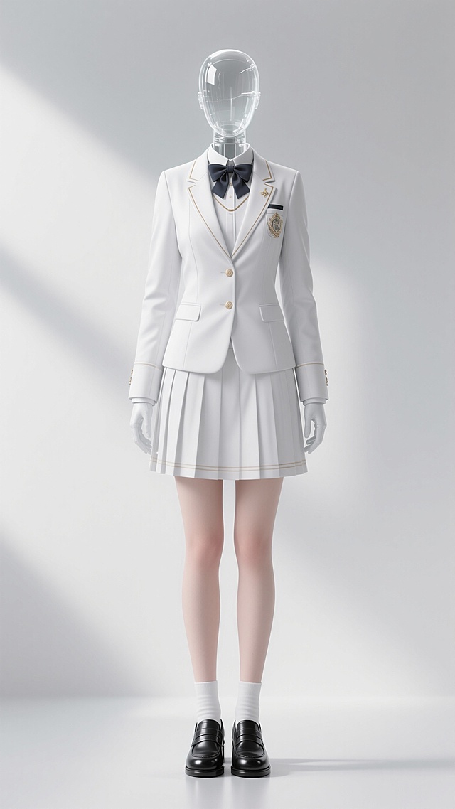 生成台湾风格，贵族学校校服，全身图（服装展示图），女款，白色背景，双手自然下垂，双脚并拢，，正视图，白色西装、裙子套装，黑色皮鞋（无头透明模特人台），合理搭配，彰显贵族气质