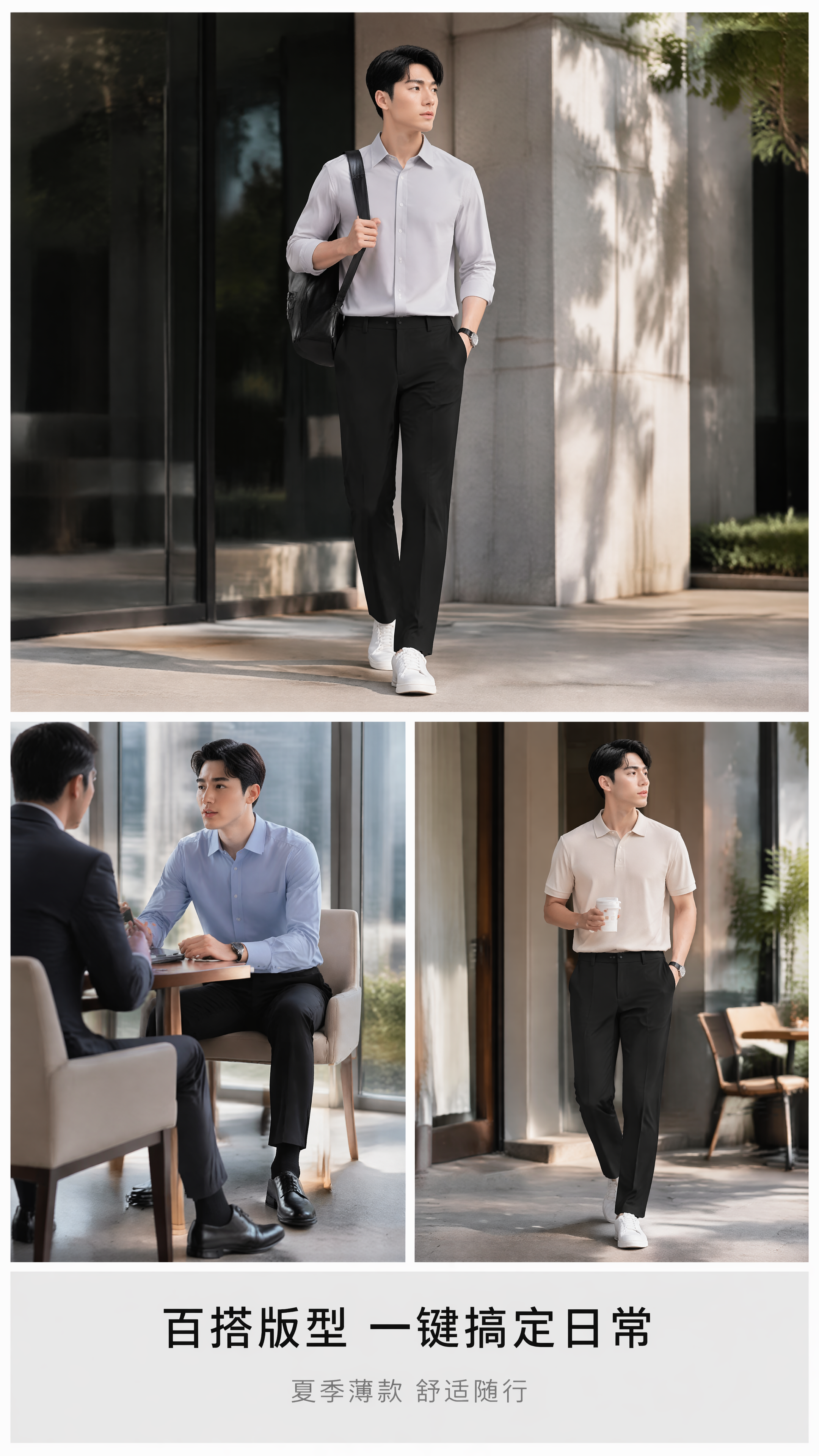 [第8屏] 多场景穿搭拼图展示，收尾页强化2633男士休闲西裤… - 图片创意预览