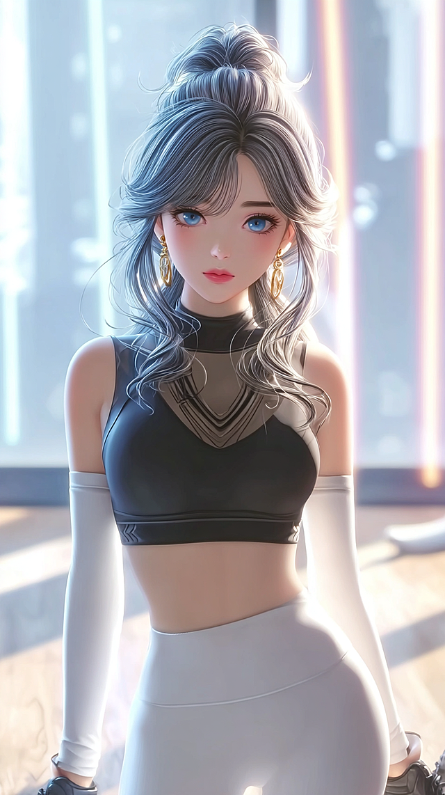 masterpiece, best quality, 8k, ultra-detailed, CG anime girl, full body shot, slender fit figure, black mesh sports vest (full coverage), white high-waisted yoga pants, black high bun, loose forehead strands, bright front light, soft mesh luster, white sports socks and black lightweight sneakers, standing on yoga mat, bright gym background, detailed face (refer to face reference), energetic temperament, healthy skin