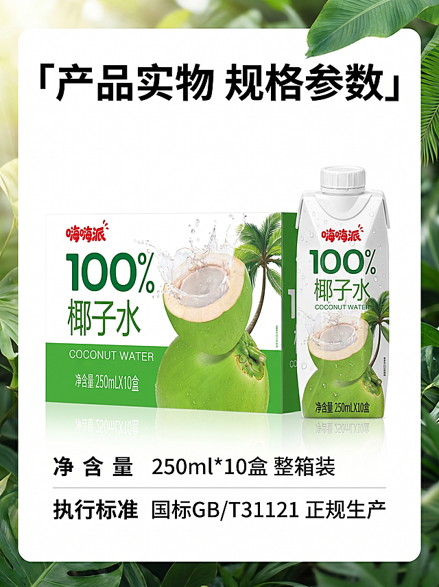 嗨嗨派100%纯椰子水详情页产品规格展示板块单张，3:4手机竖版。风格清新自然 森系热带ins风，主色调清新椰绿+纯净白，干净通透。顶部加粗标题：「产品实物 规格参数」，中心展示嗨嗨派100%椰子水整箱包装盒+单盒产品摆放，保持产品外观和颜色与原图一致，不偏色不变形，下方清晰标注：净含量 250ml*10盒 整箱装，执行标准 国标GB/T31121 正规生产。产品清晰展示，文字排版清晰，适配手机竖屏浏览。
[比例分辨率] 3:4 比例，2k 分辨率
[负向提示词] 变形，水印，文字错乱，产品图模糊，背景杂乱，产品偏色变形。