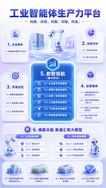 大标题：工业智能体生产力平台 小标题：向新、向优、向智、向绿、向实。1. 企业使命1.1 智能服务赋能产业经济 2. 经营方针 2.1 场景驱动创新 2.2 模力生成价值 3. 市场定位 3.1 数智预览效果