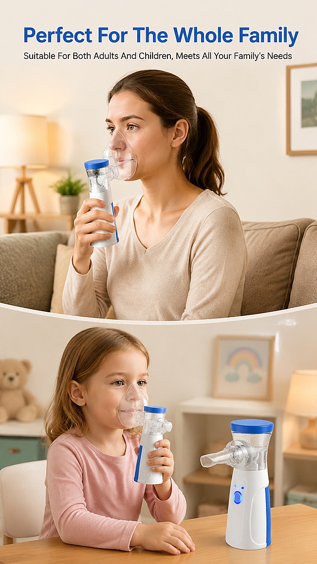 [Screen 9] This screen shows family application scenarios for both adult and child use.  
[Atmosphere/Style] Warm daily life scene, authentic western family environment, soft natural light.  
[Layout] Top title, upper half shows adult using nebulizer, bottom half shows child using nebulizer with product display. Product appearance consistent with input image.  
[Light & Shadow] Natural indoor lighting, soft shadow, warm atmosphere.  
[Color Scheme] Global background light beige, warm tones, blue product matches overall style.  
[Perspective & Composition] Two-section vertical layout, clear use case demonstration.  
[Text Layout] Top main title "Perfect For The Whole Family", subtitle "Suitable For Both Adults And Children, Meets All Your Family's Needs". All English, no Chinese characters.  
[Resolution & Ratio] 9:16 vertical, 4K resolution, text clear and legible, high definition.  
[Negative Prompt] Chinese characters, wrong product appearance, deformed human, low resolution, watermark.