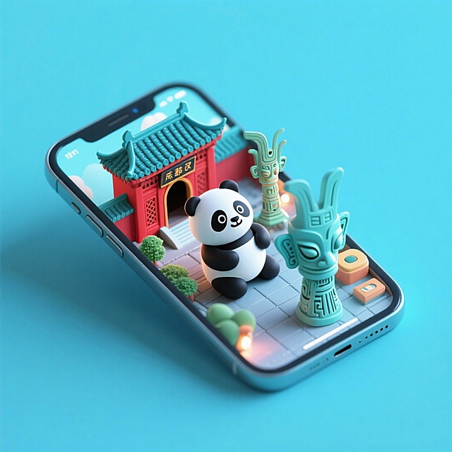 软3D风微缩艺术，熊猫与青铜面具在手机屏中邂逅中式古建筑，萌趣融合科技感，传递民族文化的可爱新表达。