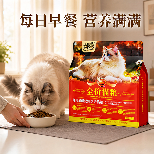 [主图-29] 早餐搭配场景图。[氛围风格] 温馨晨间生活风。[画质] 商业摄影质感、光线柔和通透、产品清晰真实、画面干净高级、4k超高清。[元素] 猫粮包装袋放在餐桌上，旁边放着猫咪食碗，里面盛好博须猫粮，主人手刚放好，猫咪已经凑过来准备吃，晨间生活气息浓厚。保持猫粮包装袋外观、所有文字信息与输入产品图绝对一致，杜绝任何变形、色差和文字错乱。商品主体占比控制在60%。[光影] 晨间透过窗帘的柔光，温暖治愈。[配色] 白色餐桌搭配灰色餐垫，干净清新。[文字版式] 顶部文字：「每日早餐 营养满满」，生活化传递产品价值。[比例分辨率] 1:1 比例，4k分辨率；文字清晰锐利，超高清。[负向提示词] 变形，水印，文字错乱，产品图模糊，背景杂乱，猫粮包装信息改变。