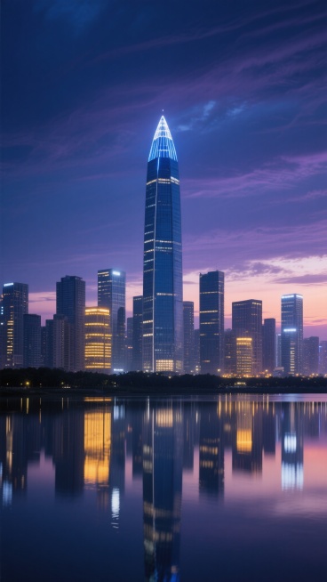 写实风格城市夜景背景，深蓝渐变天空点缀暗紫色云层，城市天际线由多栋高楼组成，中央矗立着高耸的玻璃幕墙摩天大楼，顶部尖顶亮有蓝白色灯光，周围环绕不同高度的建筑，均透出温暖的黄色和冷白色内部灯光，建筑群前方是平静的水面，清晰倒映着建筑灯光形成对称光影，整体氛围宁静而繁华，光影对比鲜明，远处天际线有淡淡的暮色霞光，无文字、LOGO及二维码元素。预览效果