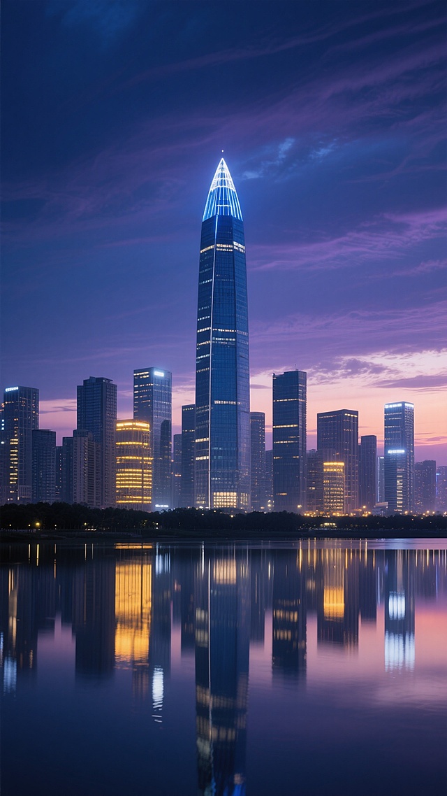 写实风格城市夜景背景，深蓝渐变天空点缀暗紫色云层，城市天际线由多栋高楼组成，中央矗立着高耸的玻璃幕墙摩天大楼，顶部尖顶亮有蓝白色灯光，周围环绕不同高度的建筑，均透出温暖的黄色和冷白色内部灯光，建筑群前方是平静的水面，清晰倒映着建筑灯光形成对称光影，整体氛围宁静而繁华，光影对比鲜明，远处天际线有淡淡的暮色霞光，无文字、LOGO及二维码元素。