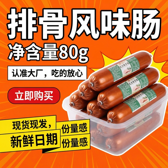 这张图片里面的产品是即食火腿肠，我要在拼多多卖这款产品，请帮我设计20张符合拼多多市场的主图，产品以我发给你的产品图片为主体去设计，产品主体可以变换形态或者多根摆放到纸箱内，文案要求：排骨风味肠，净含预览效果