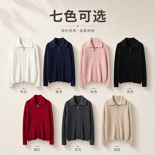 [主图-5] 唯一任务：展示七种颜色可选，帮助买家按颜色选购，本张只讲颜色、不叠加其他卖点。
[统一基调] 风格=淘宝女装高级松弛感商业摄影，简约品质、柔和时尚光、生活化；背景主色=浅米灰肌理墙与暖白环境色；标题字色=深炭灰；辅助字色=暖中灰；强调色=焦糖棕仅用于细线、小标签与局部光效；字体=现代无衬线粗体主标题+同族常规体说明文字，全套统一；字号层级=主标题最大最粗、说明文字缩小50%以上；组件=细线引线、圆角浅底小标签，不用厚重色块与通栏边框。
[画面] 使用【图22】【图23】【图24】【图25】【图26】【图27】【图28】七件同款翻领拉链竖坑条针织开衫做图生图，保留每件的翻领、双头金属拉链、竖向坑条纹理、罗纹收口与各自原色；七件按奶白、藏青、粉色、黑色、酒红、深灰、燕麦的顺序分成两行整齐排列，每件完整展示正面轮廓、不相互遮挡、不重叠错位，投影柔和自然；背景为浅米灰肌理布面，上方留白放文字。
[光影质感] 柔和均匀的顶部主光配合两侧补光，让七件衣服的颜色与坑条纹理都清晰可辨，每件下方有自然接触影，无硬切边与悬浮感。
[配色] 沿用统一基调，背景保持浅米灰，不得改变任何一件衣服的原有颜色、明度与饱和度。
[文字版式] 上方留白横排主标题「七色可选」，每件下方横排小号色名「奶白」「藏青」「粉色」「黑色」「酒红」「深灰」「燕麦」，全套统一字体与字色，文字不遮挡衣物本体，画面中不出现「SKU」字样。
[输出要求] 1:1 正方形，文字清晰、商品清晰；负向：变形、错字、模糊、杂乱背景、水印、平台Logo、颜色错乱、衣物数量错误。