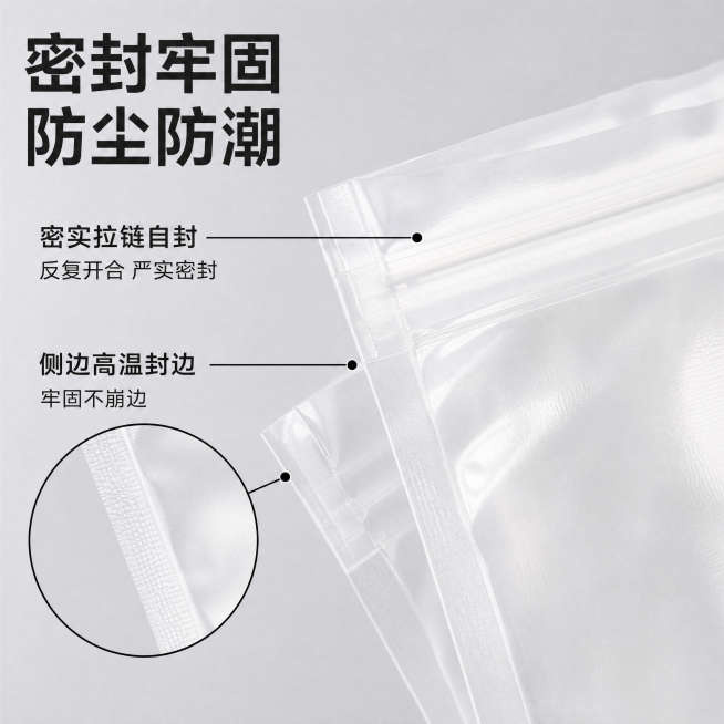 [主图-2] 密实拉链封口结构卖点展示。
[氛围风格] 专业品质细节展示，简约清晰。
[画质] 商业摄影质感、光线柔和通透、产品清晰真实、画面干净高级。
[元素] 特写展示珠光袋的密实拉链和侧边高温封预览效果